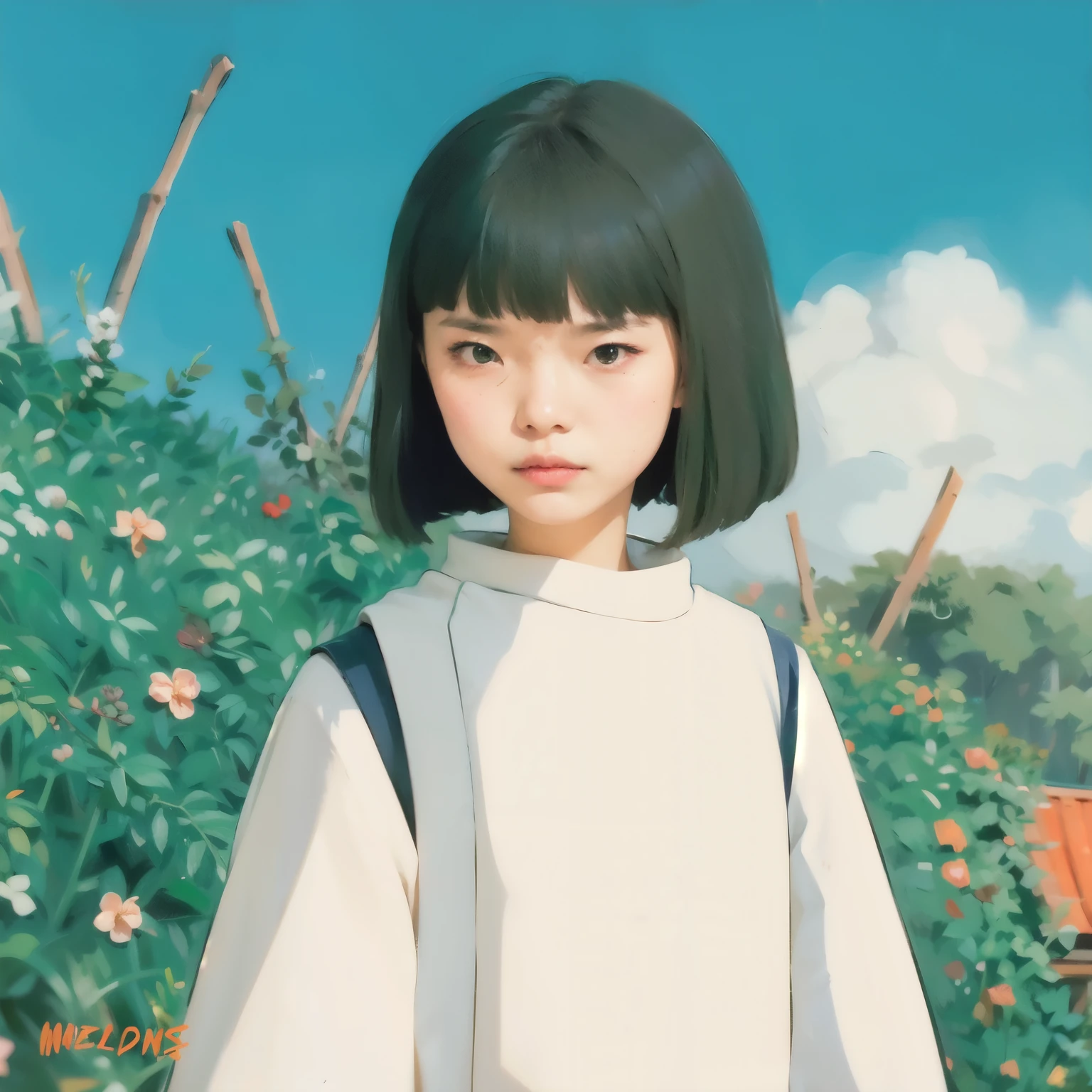 boy, green hair, slope eye, white robe, asian