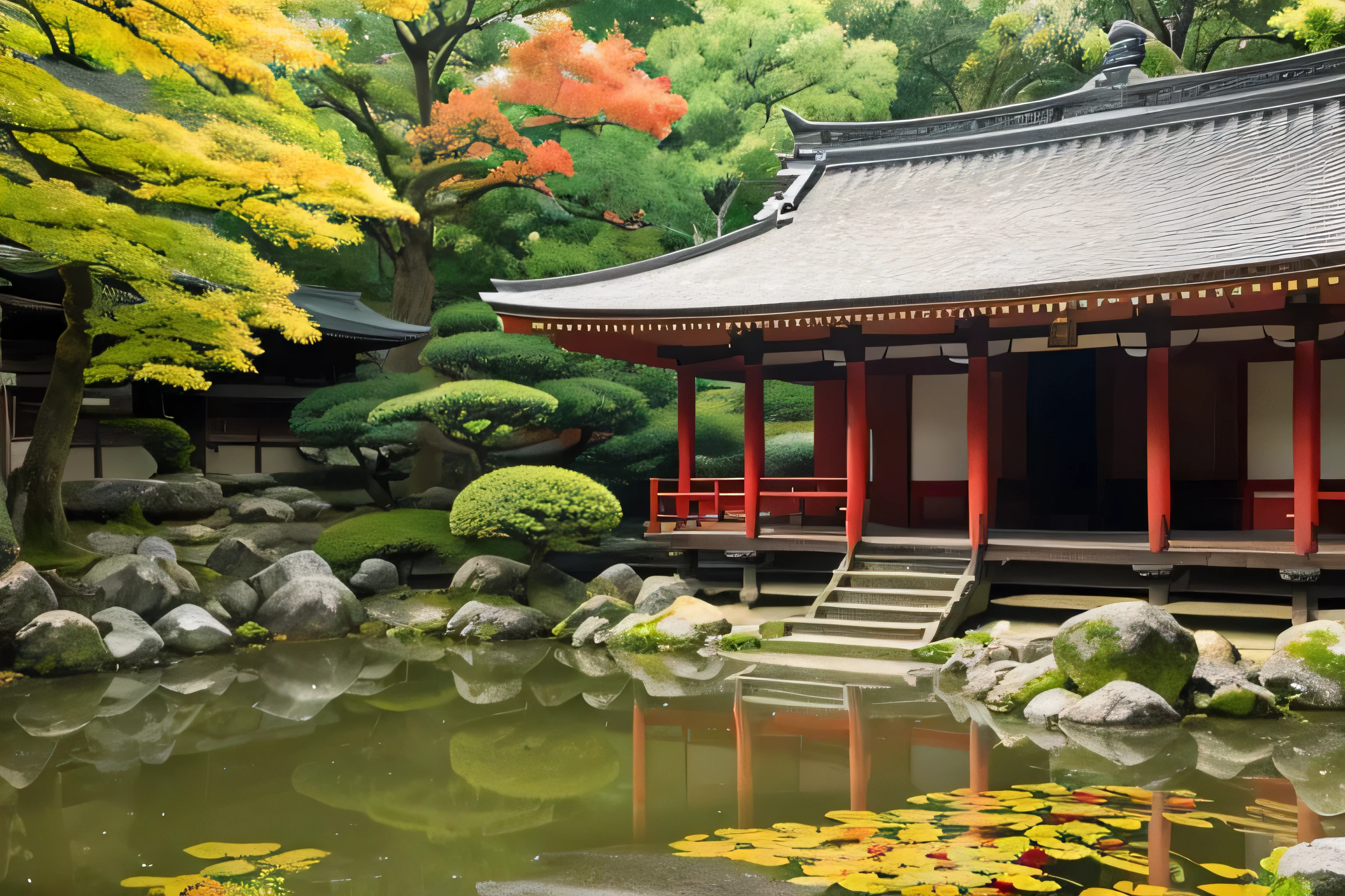 Historical temples in Kyoto、There is a pond、The leaves are turning red and it's autumn.、Beautiful Japanese Garden、The ground is wet after the rain、Evening scenery