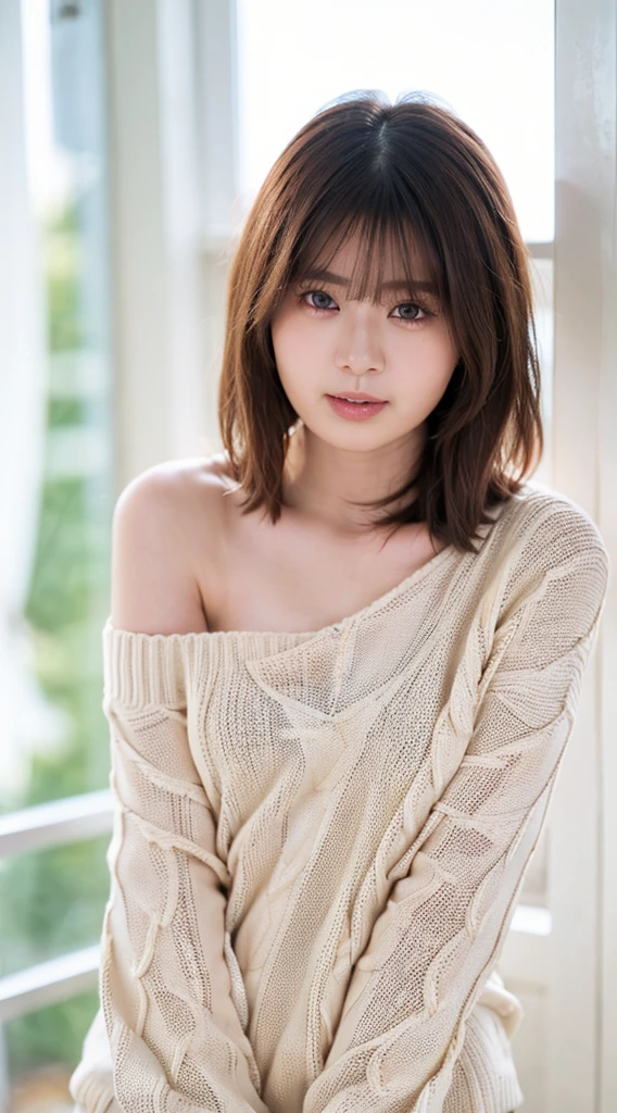 ((Highest quality, 8K, masterpiece: 1.3)), sharp: 1.2, Perfect Body Beauty: 1.4, Slim Abs: 1.2, ((nude、Big Breasts: 1.2)), (((Ribbed sweater:1.3, Off-the-shoulder sweater))), Short shorts:1.2, Bare shoulders, (((Underbust: 1.1))), Face close-up: 1.0, Highly detailed face and skin texture, Beautiful Eyes, double eyelid, (((Looking down at the camera)))