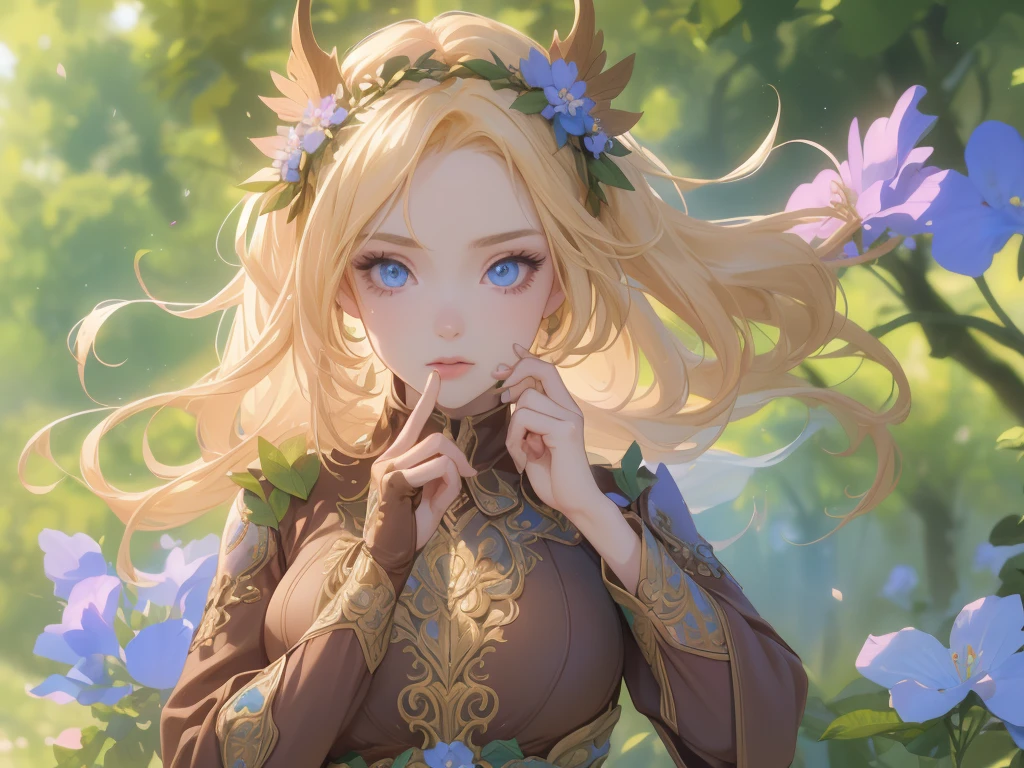 work of art, ultra creative, epic details, ultra detaild, best resolution, Woman, archer, blonde, (Beautiful nymph), ( robust wreath of leaves and pink and blue flowers), sculptural body, (brown clothes made of leather), ((perfect hands))), scenario:Enchanted Forest), no mistakes, (((epic details na face))), (((ultra perfect eyes)))