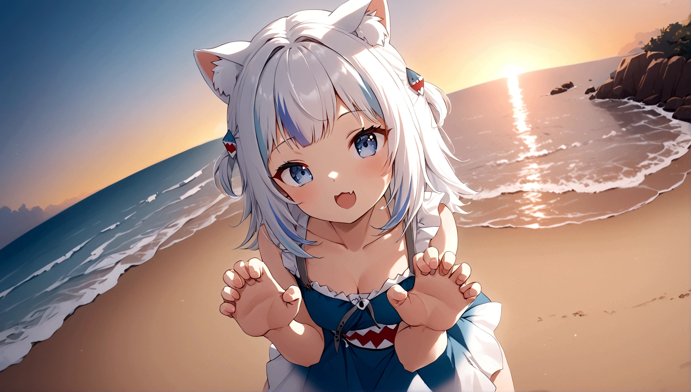 pinup girl pose, Expressiveh, masterpiece, highly detailed, anime style, close shot, dynamic pose, centered, 1girl, gawr gura, paw hands, cute pose, rawr, beach background, epic composition, epic proportion, 8K, volumetric lighting, sunset