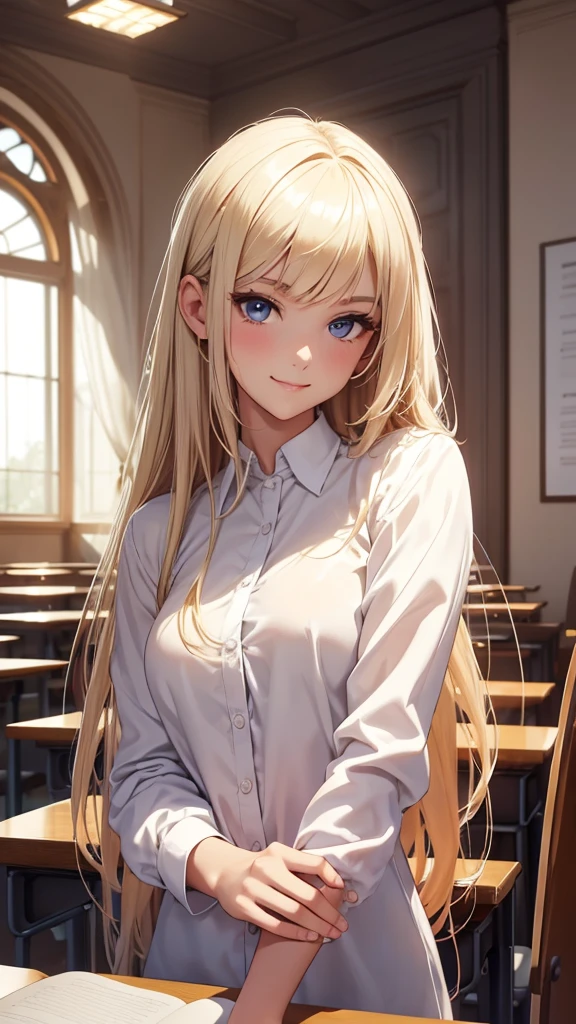 (best quality), (masterpiece), (high resolution), (Intricate details:0.2),(Professional lighting), classroom, Detailed background, Extra large white , Half-length photo, (Previous View), 1 Girl, Solitary, (Pretty Face:1.40), slim, Delicate skin, Smile,Gentle and intellectual,Good shape,White shirt,student,student,Blonde,Long hair (Medium beast:1.10), View in the viewer,