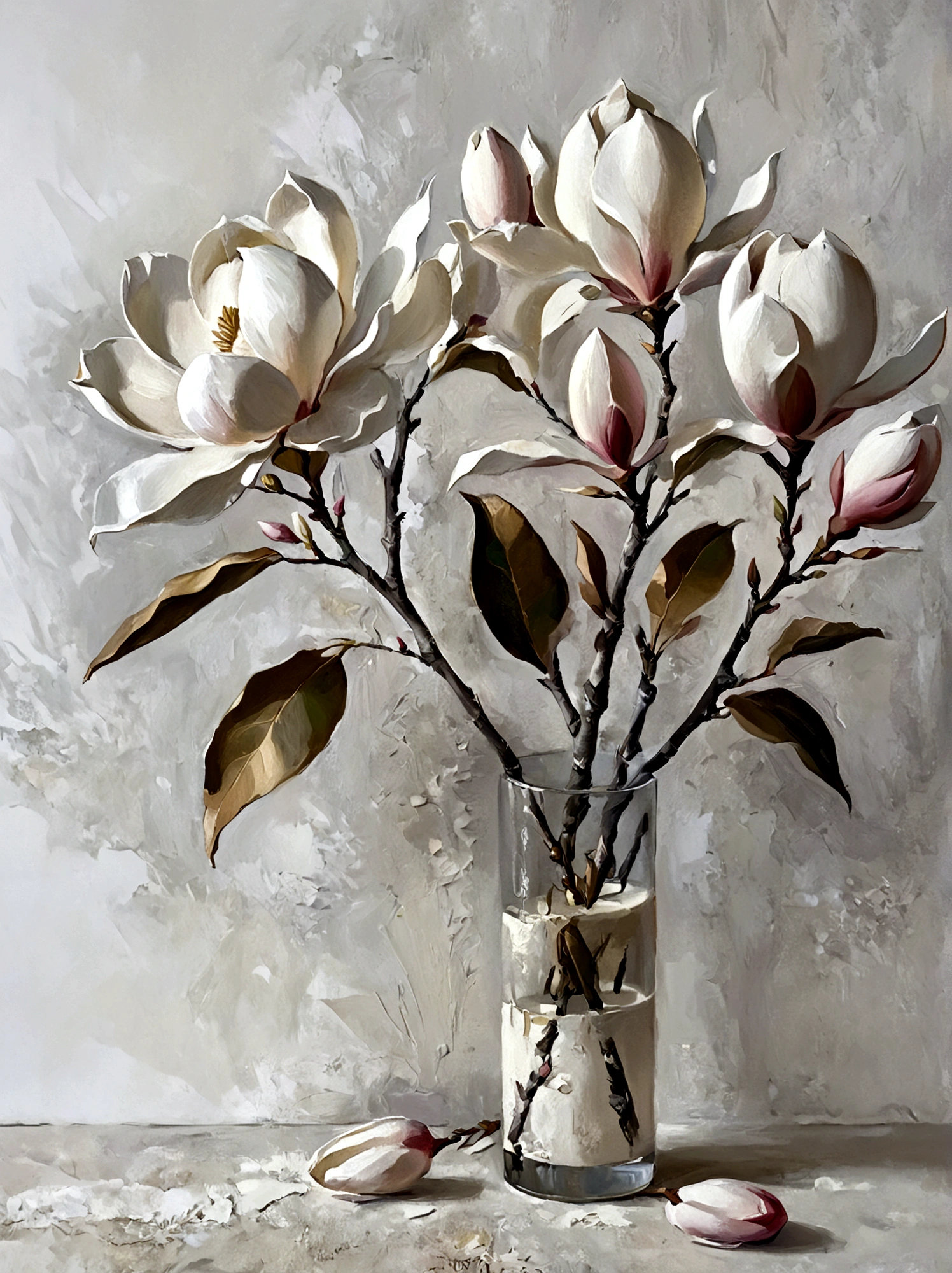 Magnolia flowers，color，Perfect proportion，vanilla，bright，White background，real，emotion，Thick textured paint, 