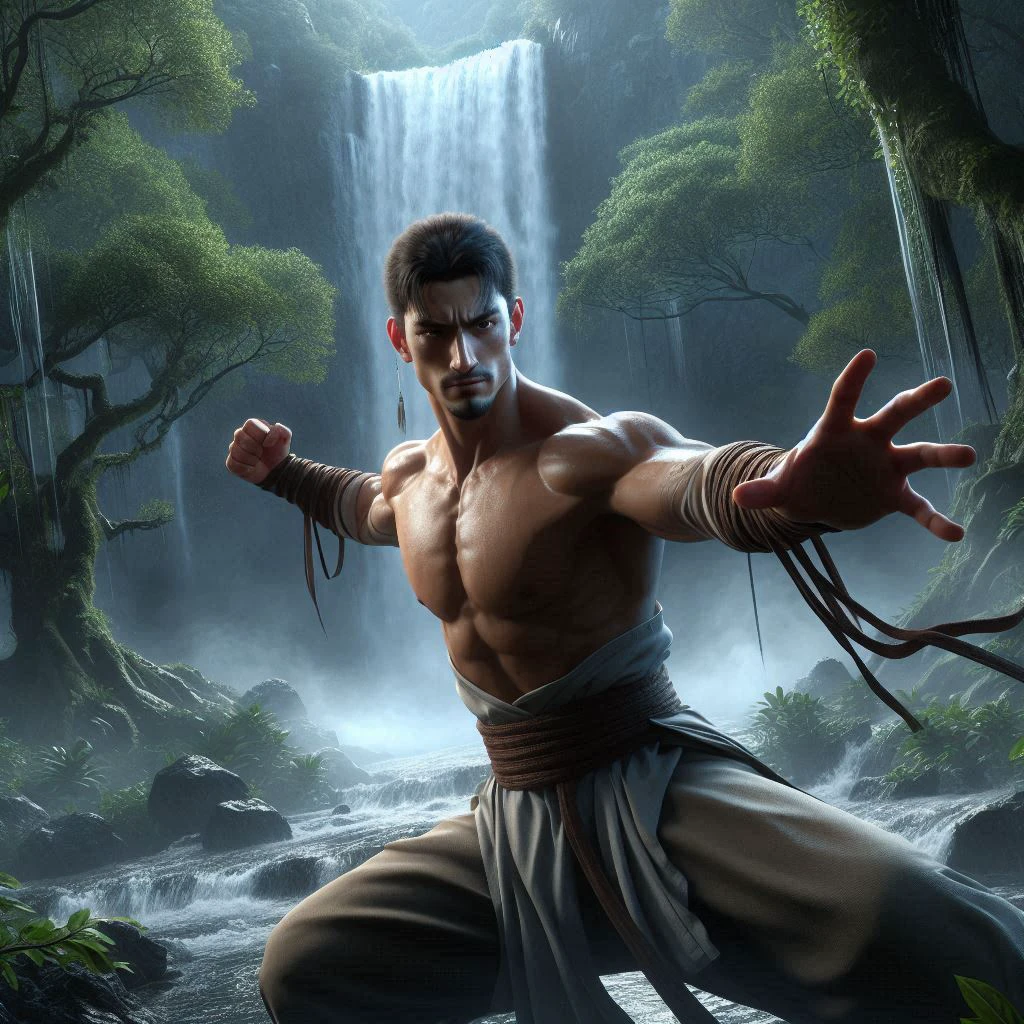 create 4D hyperrealistic image about handsome kungfu master, bare chest, wearing kungfu outfit, attacking pose, rainforest with waterfall background, cludy dark atmosphere, there's chinese text next to him
