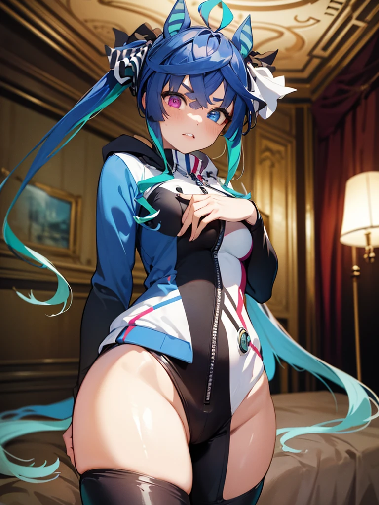 (masterpiece、top-quality、hight resolution),Illustration of a female model in an indecent pose. The model is striking an alluring pose. The model is looking quietly seductive. She is wearing an outfit appropriate for a masturbator. The background is a well-lit studio setting in a private room with a bed. The overall atmosphere is professional and glamorous, emphasizing the beauty and sexuality of the models. nsfw, Twin_Turbo_Umamusume, aqua hair, twintails, heterochromia, purple eyes, blue eyes, sharp teeth, multicolored hoodie, black leggings