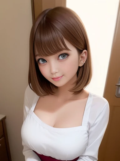 (Highest quality: 1.5), (Genuine: 1.5), (1 person: 1.5), Medium Shot, (Very detailed), (High resolution), 8K, Medium chest, Natural color lips, Japanese women, 24-year-old girl, Thin eyebrows, Beautiful and elegant features, Cute face, arched Thin eyebrows, (big, Balanced Eyes), Big eyes, Fair skin, Beautiful and elegant features, Natural Bangs, Beautiful and thin nose, Beautiful Skin , Medium Bob Hair, Natural Bangs, Perfect and beautiful facial features, Slim face and figure, (Bright lighting), Professional Lighting, (Front lighting), Beautiful breastsの谷間, 1 Girl, Cute and sexy 24 year old woman, slim Japanese women, Fair skin, (Cute Smile), (Medium Chest), In the kitchen, Naked Apronを着用, (Naked Apron), (Naked and wearing only an apron), Beautiful breasts,