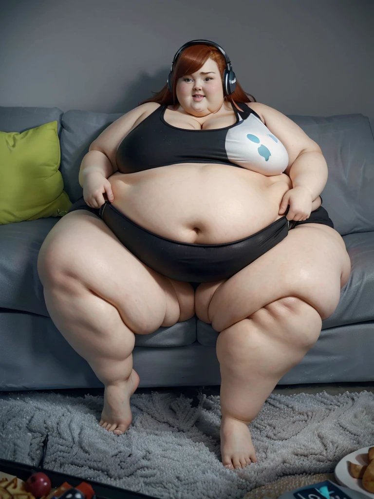 A happy Gamer photo of a young beautiful bottom heavy Gamer redhead ssbbw with pear-bodyhape, extreme wide hips, with long ginger hair soft fat belly, extremely wide fat obese hips, very obese legs, thick fat wide legs and fat arms, huge wide butt, cute pretty face, fat saggy breasts, in comfortable gamer clothes, Wearing a headphone on her head, sitting on a couch eating a lot of snacks, there is a pizza and a lot of snacks next to her on the couch, barefoot on a fluffy carpet