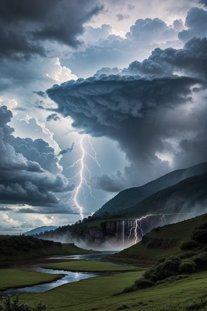Generate a photo featuring 
• stormy sky
• hidden waterfall
• lightning strike
• mysterious marshland