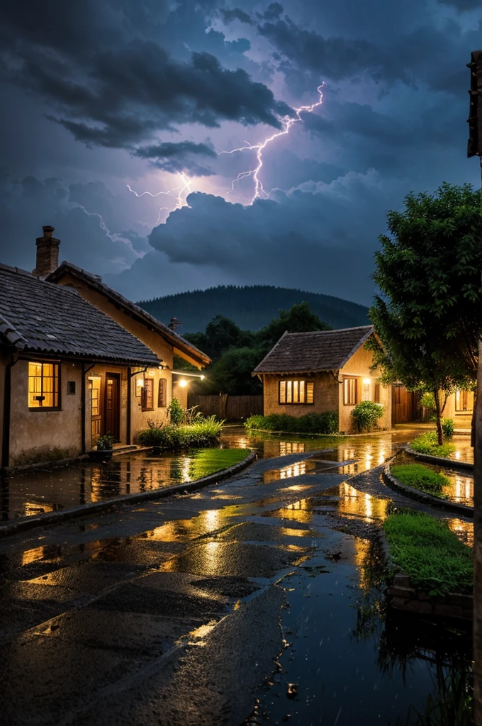 Make a photo of a village in night , rain ,lightening