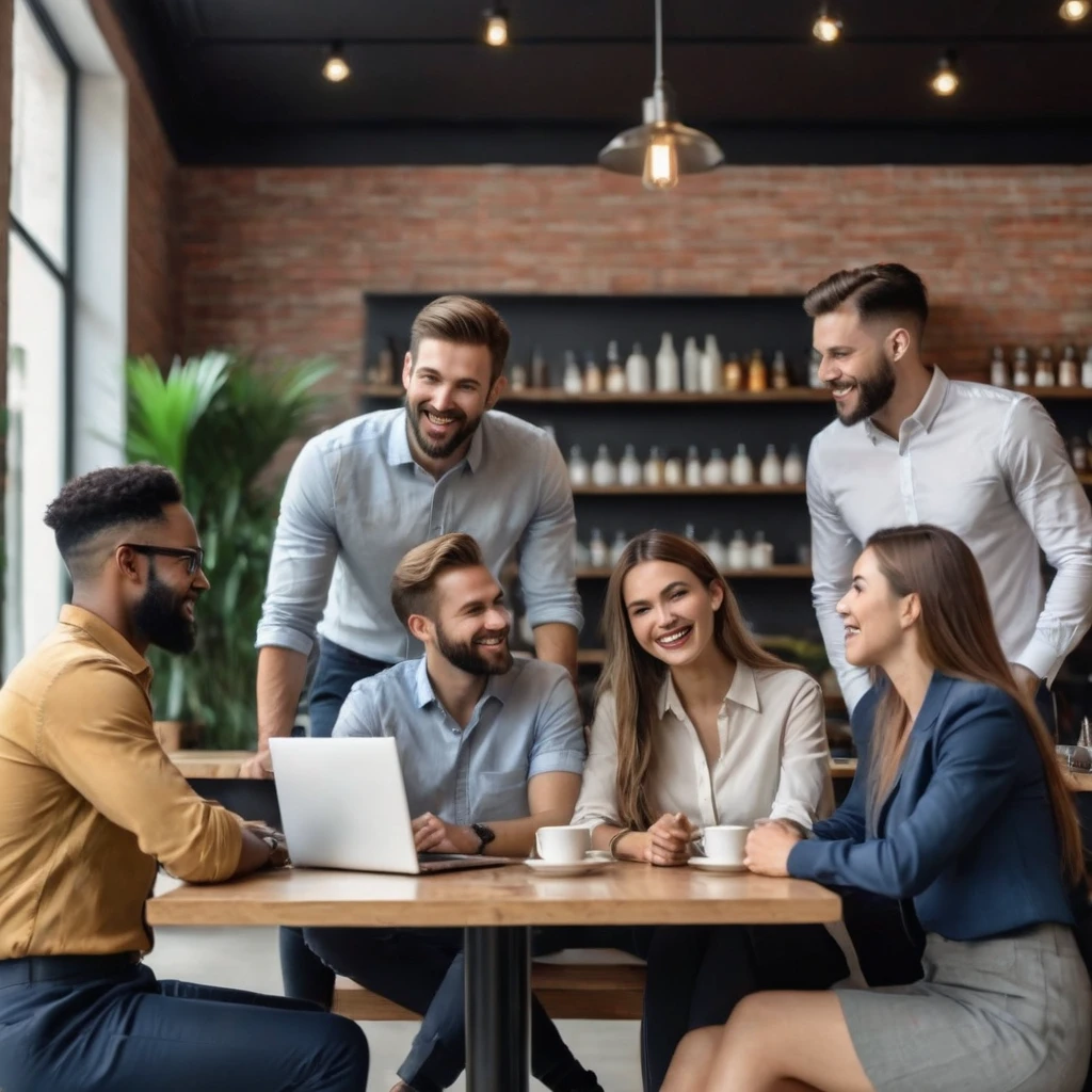 a group of men and women are having a friendly discussion wearing polite, casual work clothes, with laptops, sitting at a meeting in a cafe, perfect details, hyper realistic, ultra realism, ultra detail, front view
