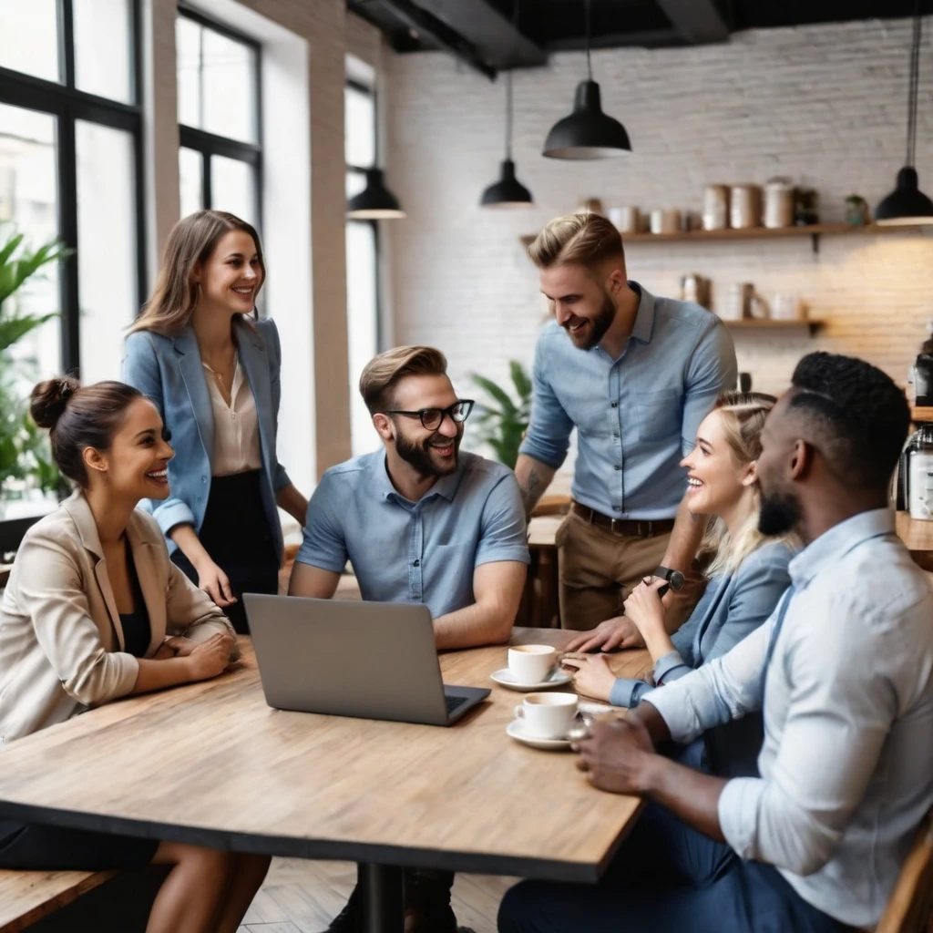 a group of men and women are having a friendly discussion wearing polite, casual work clothes, with laptops, sitting at a meeting in a cafe, perfect details, hyper realistic, ultra realism, ultra detail, front view