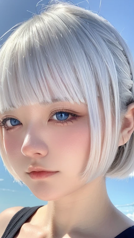 Beautiful and fair、Glowing Skin, 3 Up, Nice, bright, Refreshing and gentle look, Perfect beautiful face、Silver short hair,Silver Hair, Beautiful shiny bangs, Very beautiful 17 year old girl, eyeliner, so perfect and beautiful、Nice big, clear, Sky blue eyes,Very large breasts