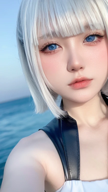 Beautiful and fair、Glowing Skin, 3 Up, Nice, bright, Refreshing and gentle look, Perfect beautiful face、Silver short hair，Silver Hair, Beautiful shiny bangs, Very beautiful 17 year old girl, eyeliner, so perfect and beautiful、Nice big, clear, Sky blue eyes，Very large breasts