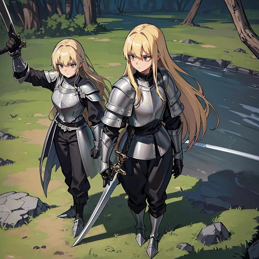 Best illustrations、Best Quality、(Full body character concept、detailed)、(((Simple grey armor、Black trousers、Black gloves、woman、18-year-old、Blonde、Long Hair)))、(((Grab the sword、Get Ready)))、(20 medieval knights)、(From above at an angle)、(Swamp、赤いSwamp)