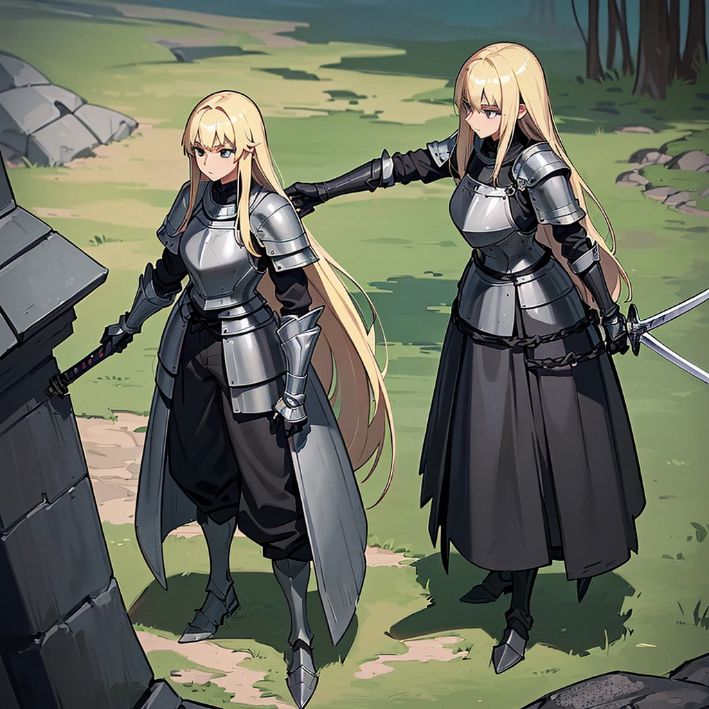 Best illustrations、Best Quality、(Full body character concept、detailed)、(((Simple grey armor、Black trousers、Black gloves、woman、18-year-old、Blonde、Long Hair)))、(((Grab the sword、Get Ready)))、(20 medieval knights)、(From above at an angle)、(Swamp、赤いSwamp)