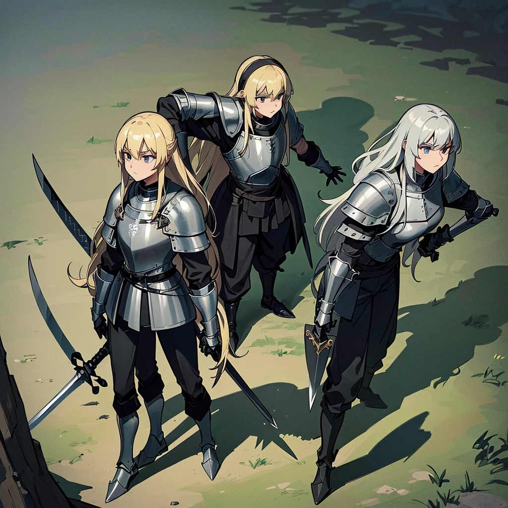 Best illustrations、Best Quality、(Full body character concept、detailed)、(((Simple grey armor、Black trousers、Black gloves、woman、18-year-old、Blonde、Long Hair)))、(((Grab the sword、Get Ready)))、(20 medieval knights)、(From above at an angle)、(Swamp、赤いSwamp)