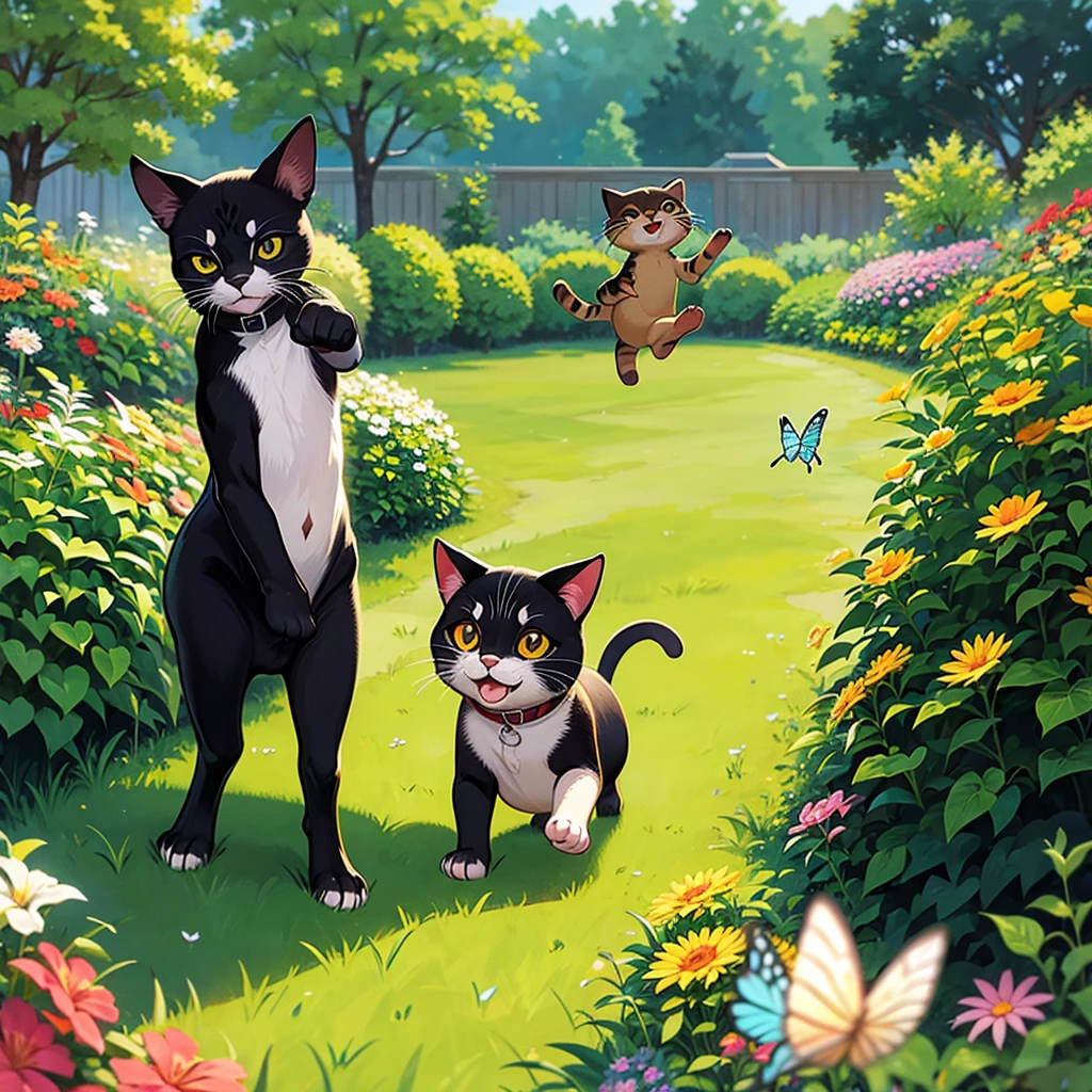 A playful cartoon cat chasing a butterfly in a garden."