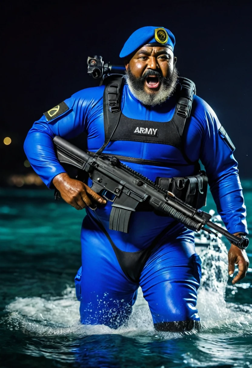 (a dark-skinned bearded fat old man in a bulky blue zipper diver suit) swimming surfacing from sea water at night, carrying a sniper rifle and (wearing army beret), muscular, Basuki Abdullah, sumatraism, action, a character portrait, heroic, fierce, shouting