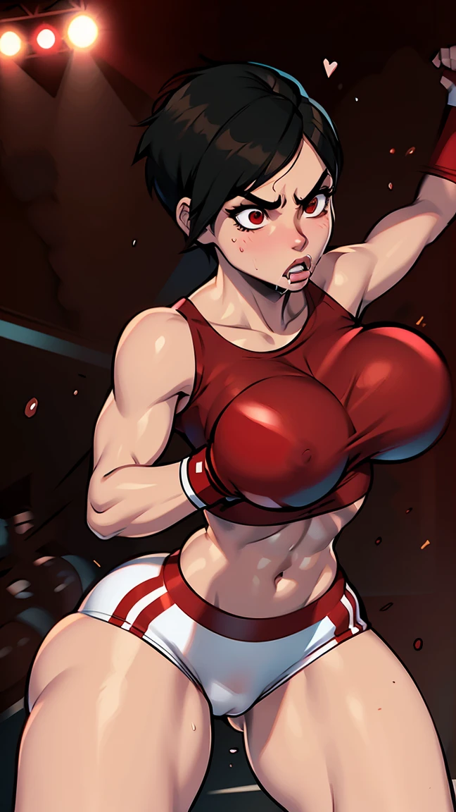 Boxer woman, red boxing gloves, brown skin, short black hair, angry face, short red boxing sports shorts, white sports top, in fighting position, boxing ring stage