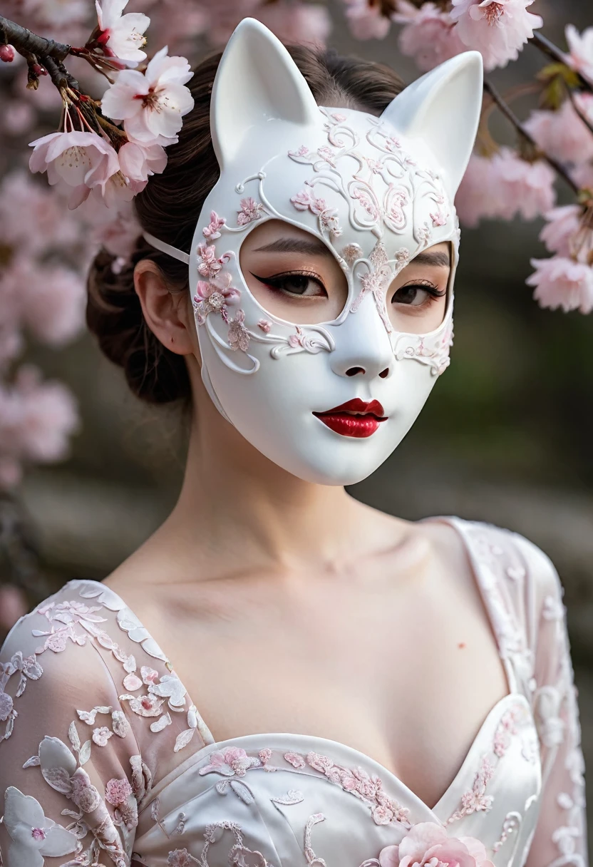 Graceful girl in a long-sleeved gown wearing a delicate porcelain cat mask with cherry blossom details