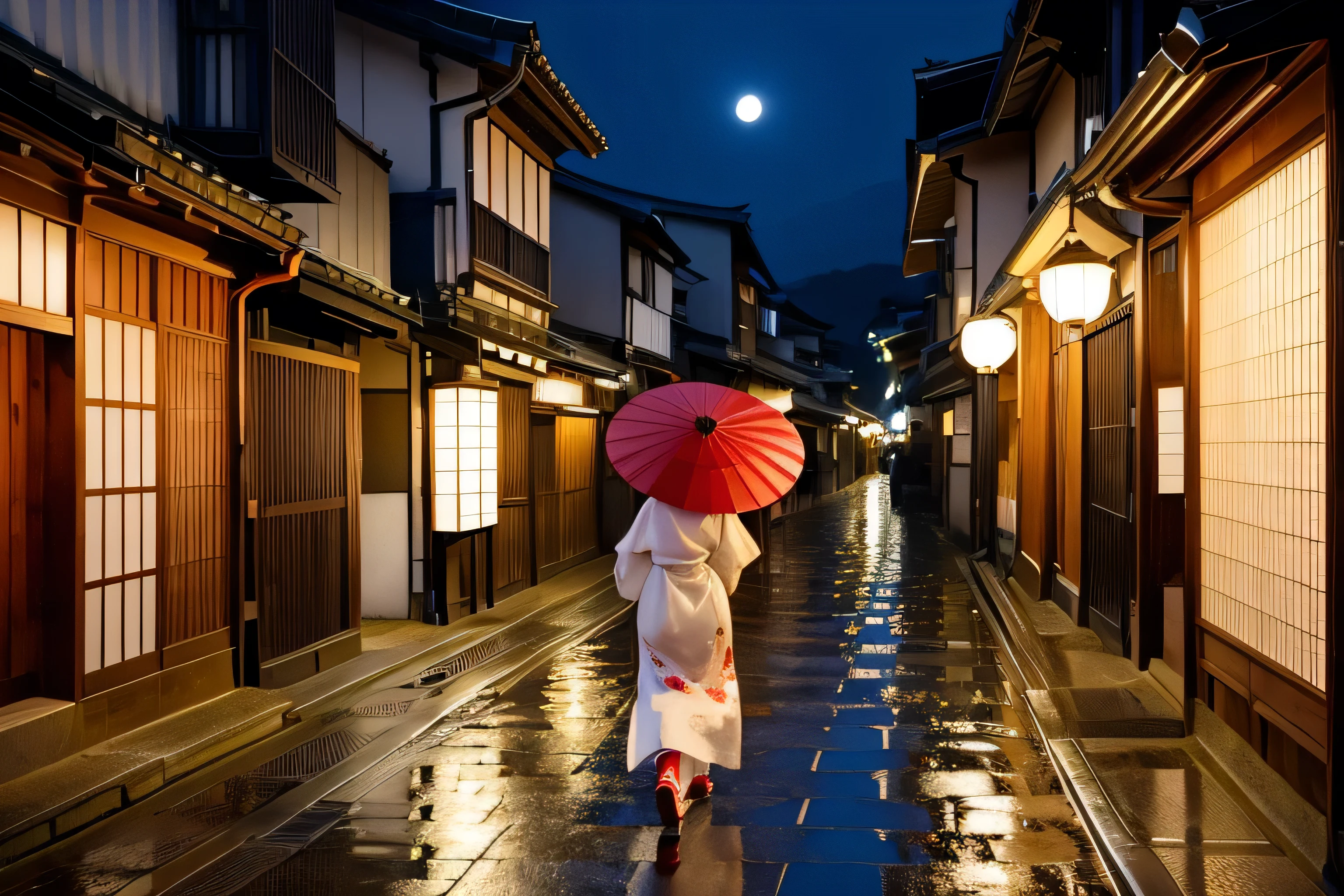 8k image, old Kyoto streets, street after rain, back view of young gorgeous woman in white floral kimono with large red Japanese umbrella, full moon in night sky, beautiful night sky, back view walking in distance in traditional beautiful Kyoto streets, no sign, watercolor painting