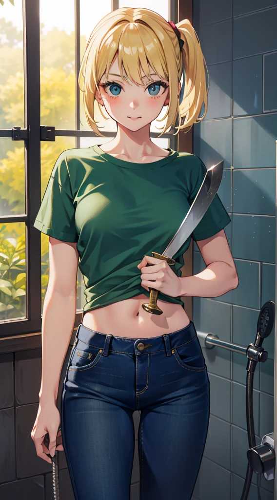 Young girls, blond with short hair, high ponytails, Green eyes, ssmile, Blue skinny shirt, denim pant, open shower room, Two swords, fly by rope, tmasterpiece, high high quality, 4K, k hd, Nice details