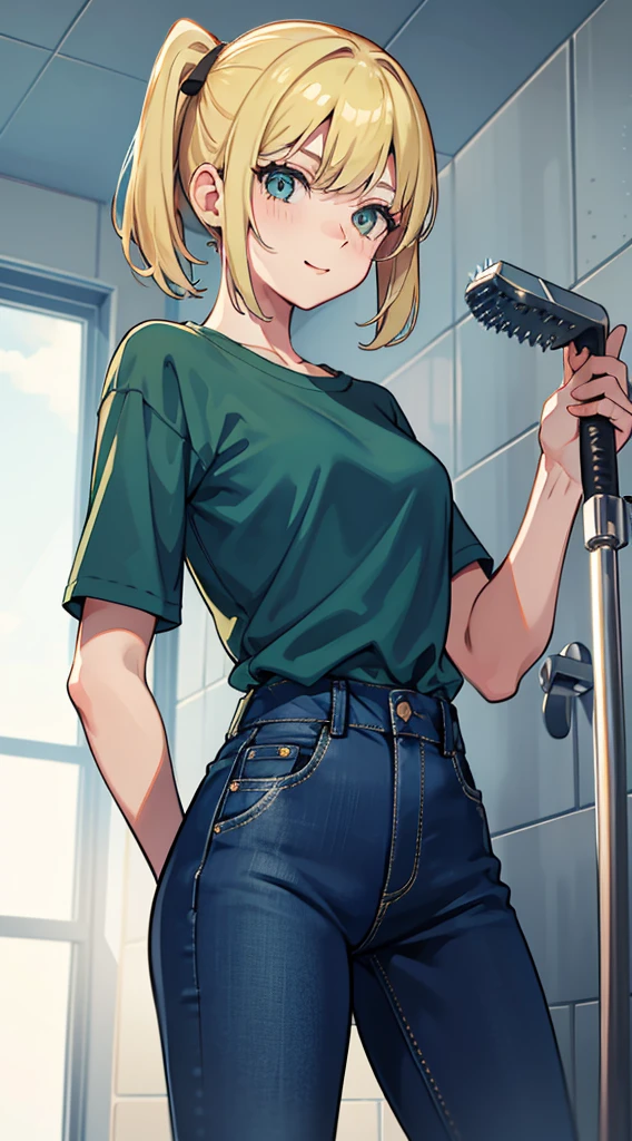 Young girls, blond with short hair, high ponytails, Green eyes, ssmile, Blue skinny shirt, denim pant, open shower room, Two swords, fly by rope, tmasterpiece, high high quality, 4K, k hd, Nice details