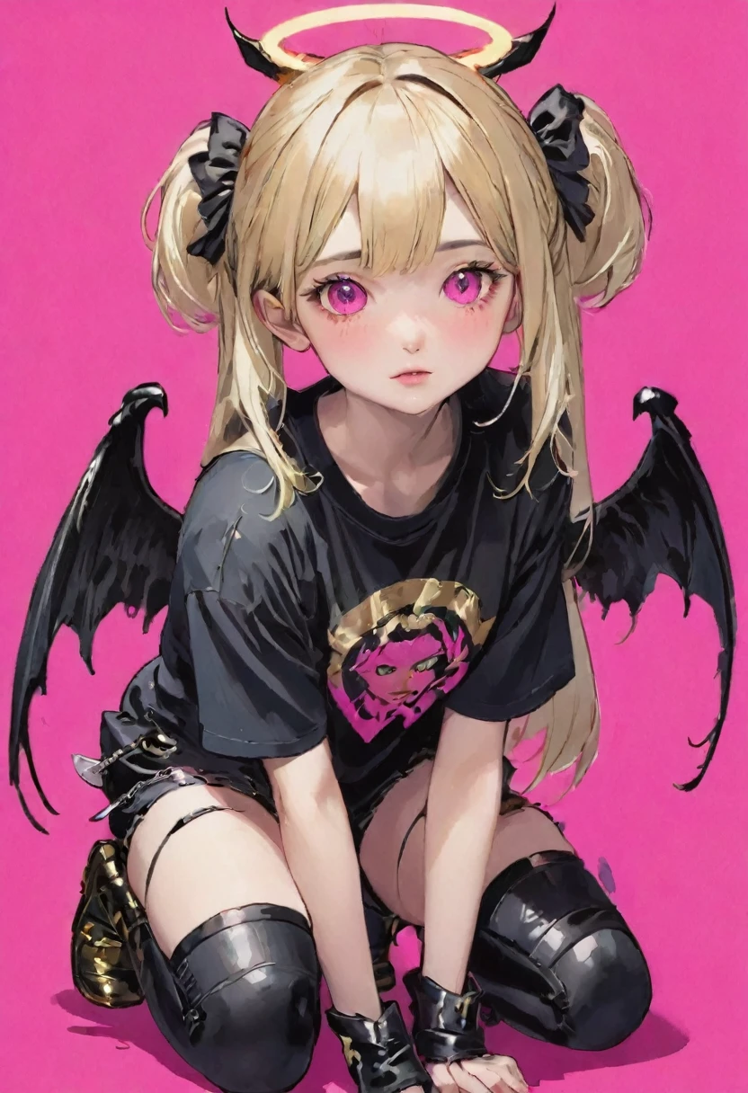 RAW Photos、Realistic、Highest quality、masterpiece、Bpink background. white, black, and gold streaked hair, hyper cute girl, red eyes. crouching, gothloli t-shirt, gothloli shorts, black boots, demon wings, demon tail, thorn halo, pink background, anime art style, detailed illustration, vibrant colors, soft lighting, focused gaze, edgy look, expressive face, unique style, eye-catching, modern fashion, detailed hair, realistic shading, pink background