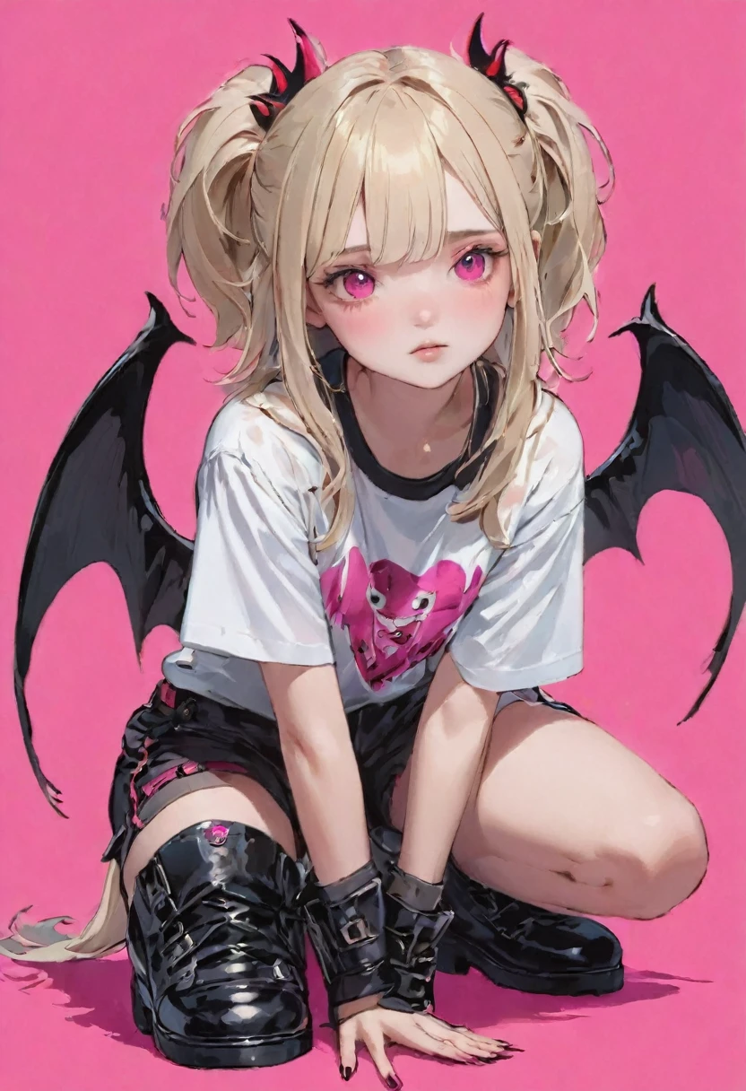 RAW Photos、Realistic、Highest quality、masterpiece、Bpink background. white, black, and gold streaked hair, hyper cute girl, red eyes. crouching, gothloli t-shirt, gothloli shorts, black boots, demon wings, demon tail, thorn halo, pink background, anime art style, detailed illustration, vibrant colors, soft lighting, focused gaze, edgy look, expressive face, unique style, eye-catching, modern fashion, detailed hair, realistic shading, pink background