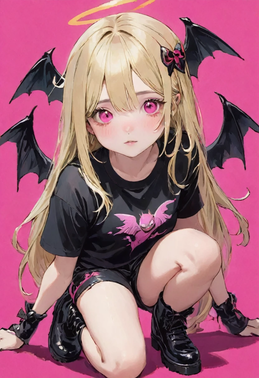 RAW Photos、Realistic、Highest quality、masterpiece、Bpink background. white, black, and gold streaked hair, hyper cute girl, red eyes. crouching, gothloli t-shirt, gothloli shorts, black boots, demon wings, demon tail, thorn halo, pink background, anime art style, detailed illustration, vibrant colors, soft lighting, focused gaze, edgy look, expressive face, unique style, eye-catching, modern fashion, detailed hair, realistic shading, pink background