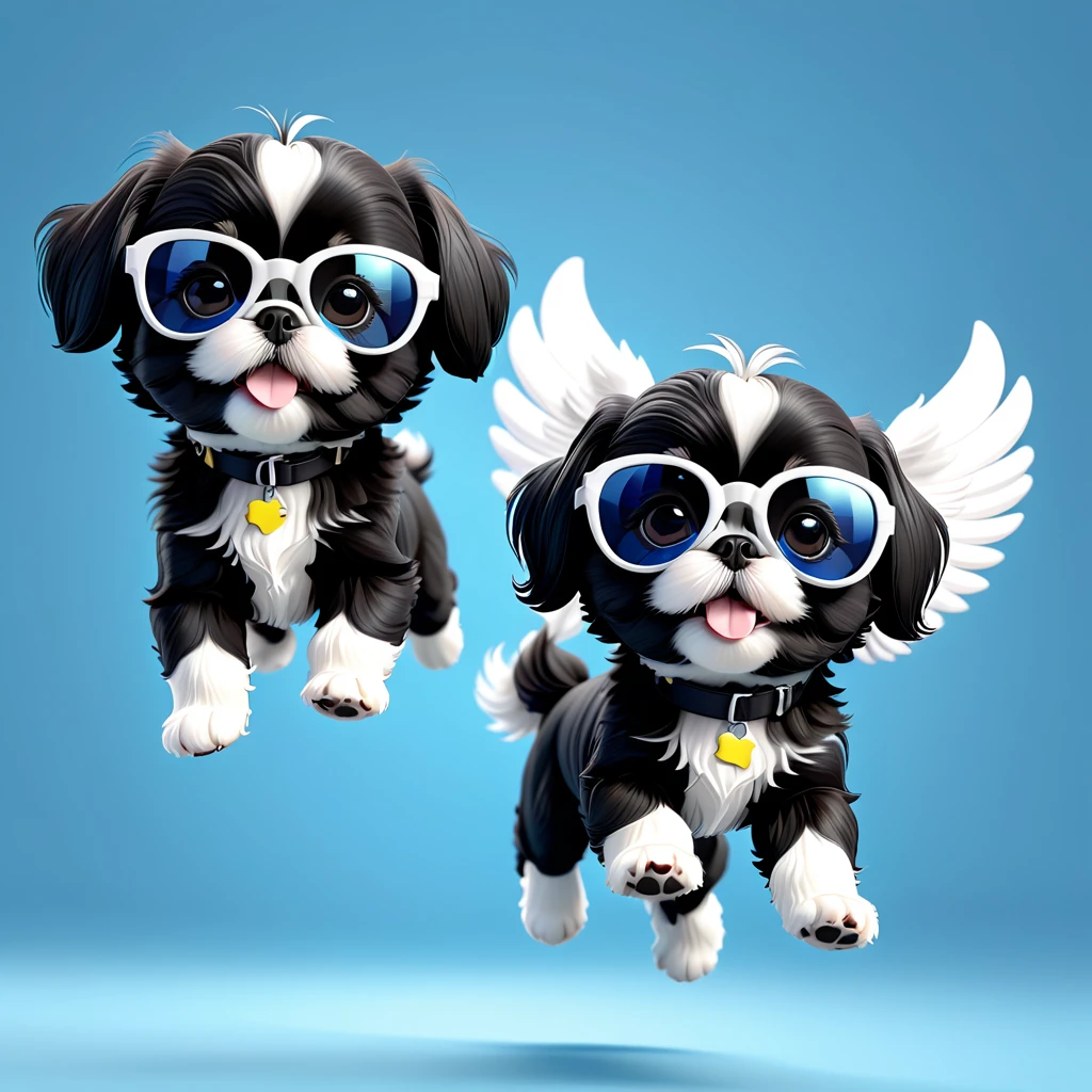 2 Adorable small black Shih Tzu puppies wearing white sunglasses flying 3d cartoon 3d render disney pixar style