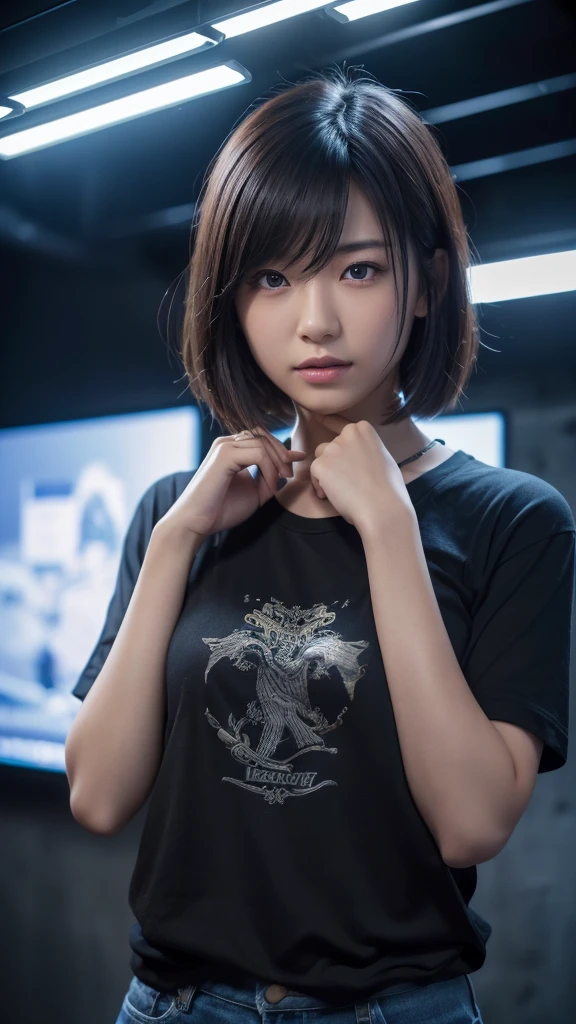 A beautiful realistic young Japanese woman in her 20s, holding a Desert Eagle pistol with both hands, tense and intense expression, short hair, wearing a black t-shirt, standing in a dark underground setting with blue lighting, electric wires and pipes on the walls, surreal cinematic atmosphere, (best quality,4k,8k,highres,masterpiece:1.2),ultra-detailed,(realistic,photorealistic,photo-realistic:1.37),HDR,UHD,studio lighting,extremely detailed eyes and face,extremely detailed hands,longeyelashes,vivid colors,dramatic lighting