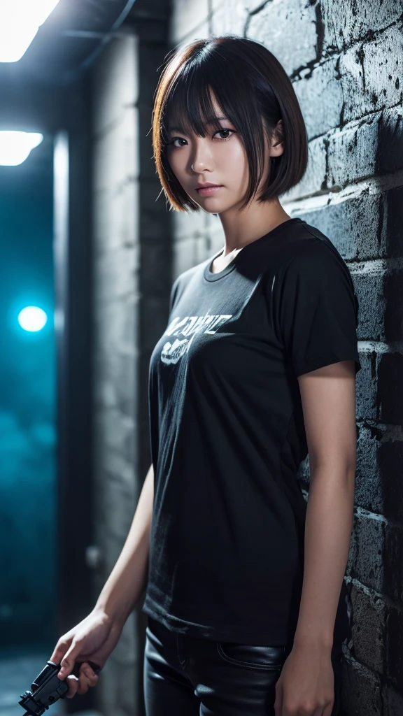 A beautiful realistic young Japanese woman in her 20s, holding a Desert Eagle pistol with both hands, tense and intense expression, short hair, wearing a black t-shirt, standing in a dark underground setting with blue lighting, electric wires and pipes on the walls, surreal cinematic atmosphere, (best quality,4k,8k,highres,masterpiece:1.2),ultra-detailed,(realistic,photorealistic,photo-realistic:1.37),HDR,UHD,studio lighting,extremely detailed eyes and face,extremely detailed hands,longeyelashes,vivid colors,dramatic lighting
