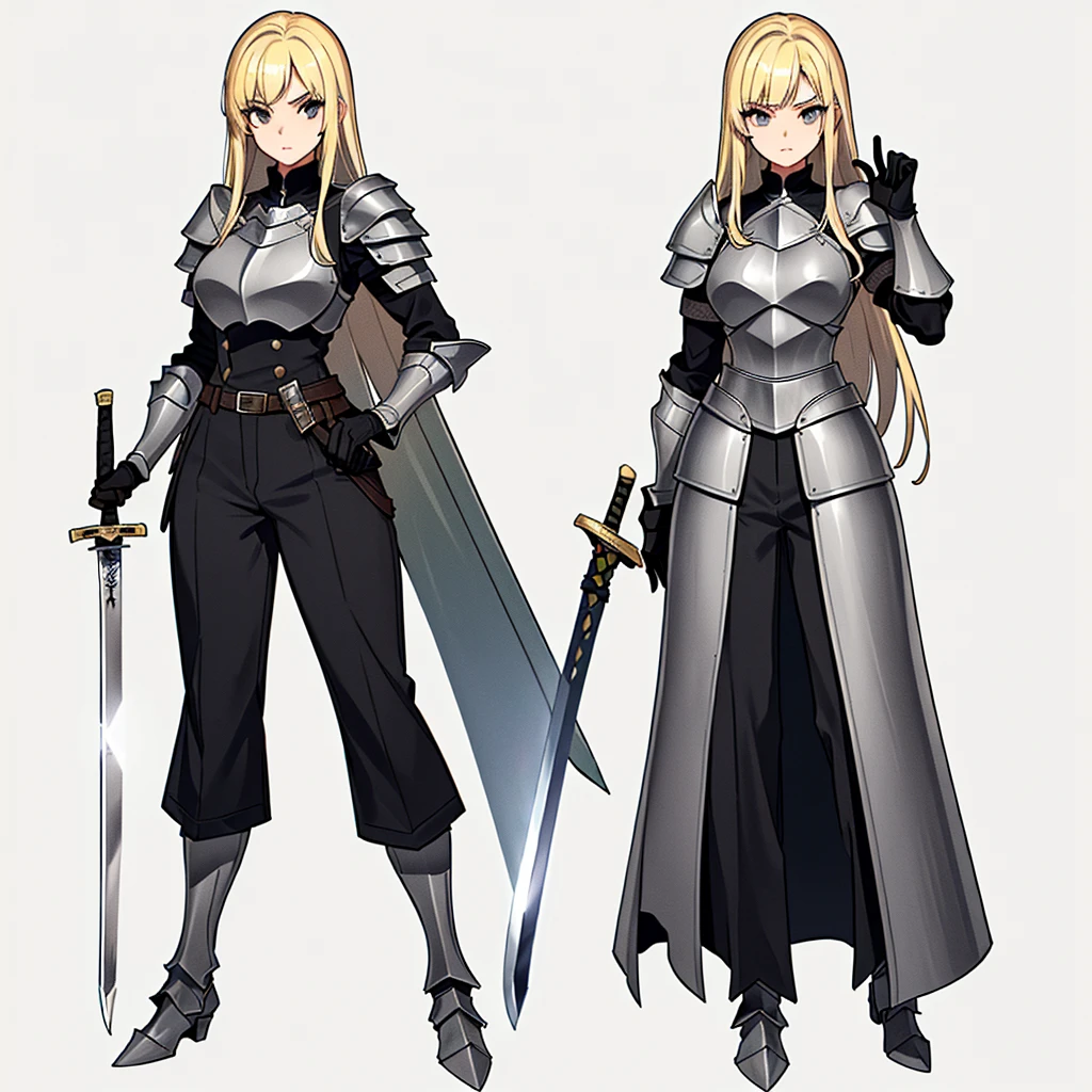 (Full body character concept、detailed)、(((Simple grey armor、Black trousers、Black gloves))、(woman、18-year-old)、(Blonde、Long Hair)、(((Grab the sword)))