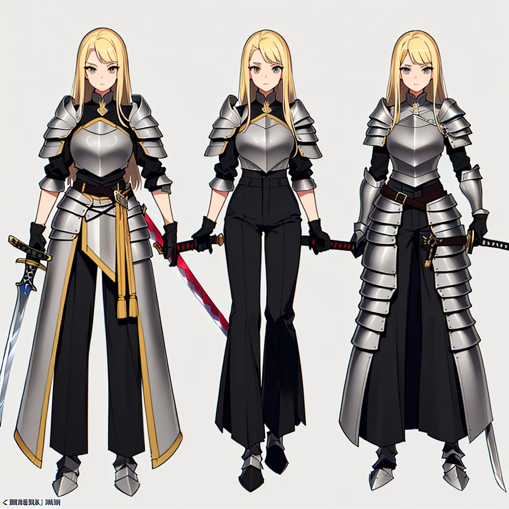 (Full body character concept、detailed)、(((Simple grey armor、Black trousers、Black gloves))、(woman、18-year-old)、(Blonde、Long Hair)、(((Grab the sword)))
