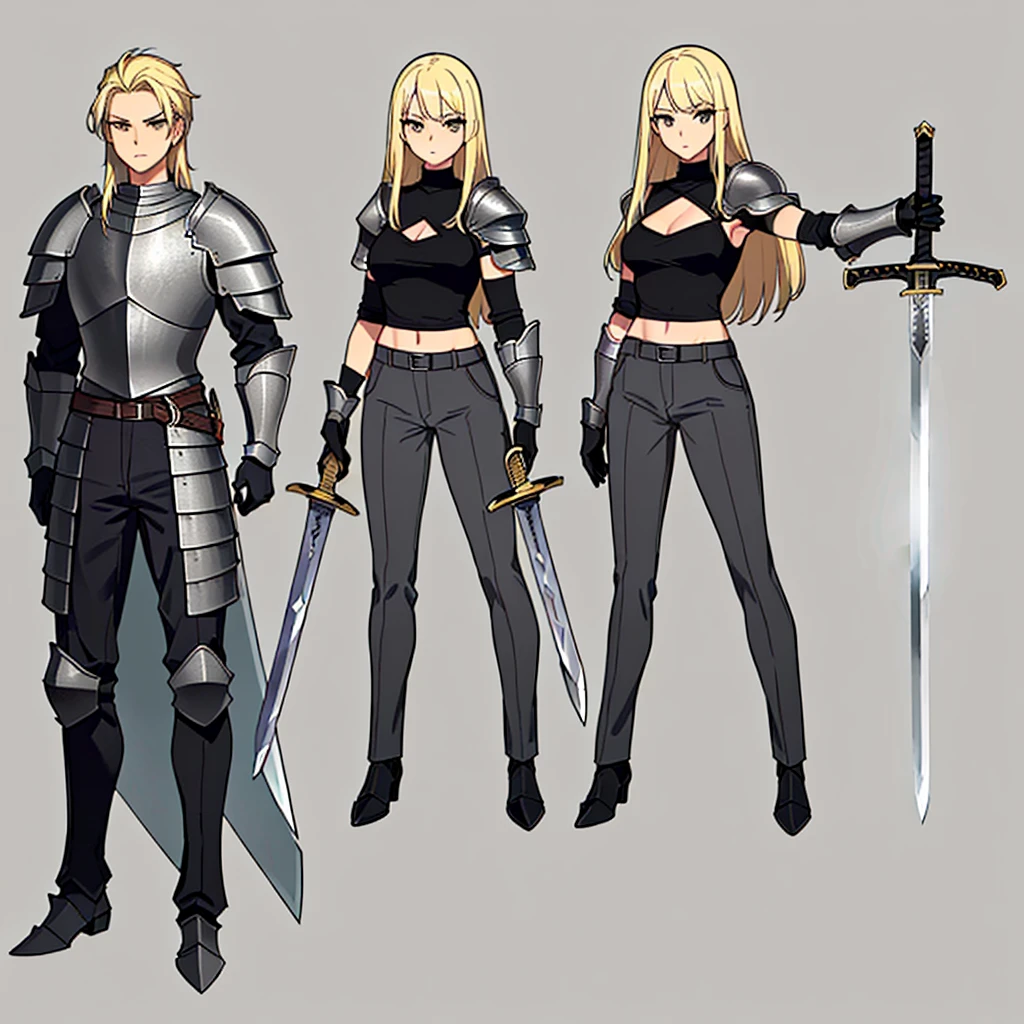 (Full body character concept、detailed)、(((Simple grey armor、Black trousers、Black gloves))、(woman、18-year-old)、(Blonde、Long Hair)、(((Grab the sword)))