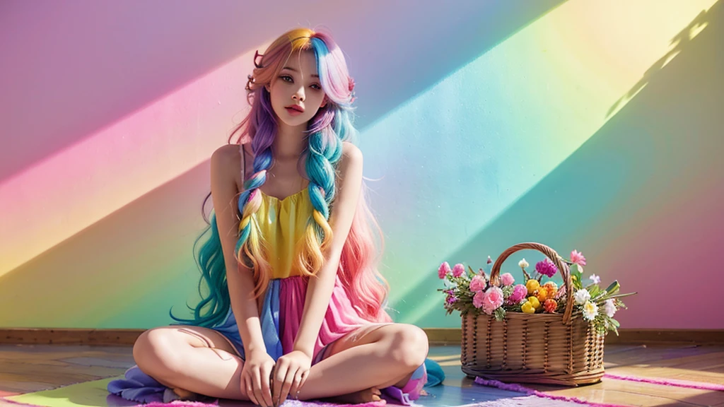 Ala Fed woman sitting on floor with basket of fruits and flowers, Two-tone hair, long hair with pastel colours, aurora Colored Hair, Colorful pastels, Larisa Manovar, Hair Color, multiColored Hair, Colorful long hair, Two-tone hair dye, Colorful Hair, Gradient Hair, pastel colour, Colored Hair, Bright rainbow hair colors