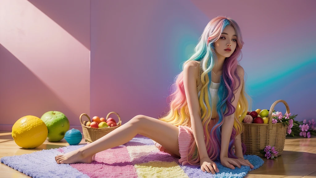 Ala Fed woman sitting on floor with basket of fruits and flowers, Two-tone hair, long hair with pastel colours, aurora Colored Hair, Colorful pastels, Larisa Manovar, Hair Color, multiColored Hair, Colorful long hair, Two-tone hair dye, Colorful Hair, Gradient Hair, pastel colour, Colored Hair, Bright rainbow hair colors