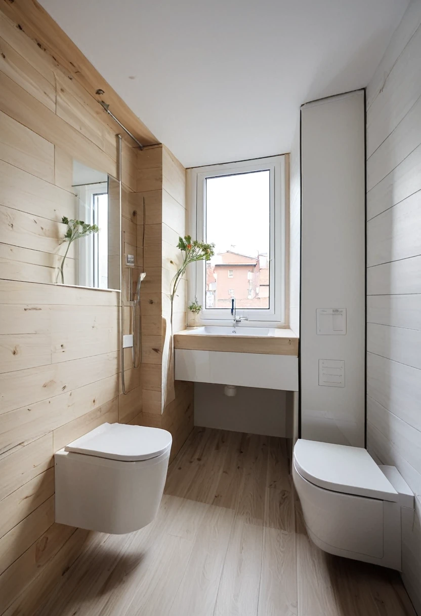 a modern design of 3 square meters room with a window. a toilet and shower side-by-side, and sink cabinet in a compact space. with careful consideration given to every detail. Integration of natural light through the toilet window, creating a sense of openness and connection to the outside environment. for a young couple The floor is made of flooring with flooral geometric patterns in delicate colors in accordance with the combination of darker walls and wooden surfaces