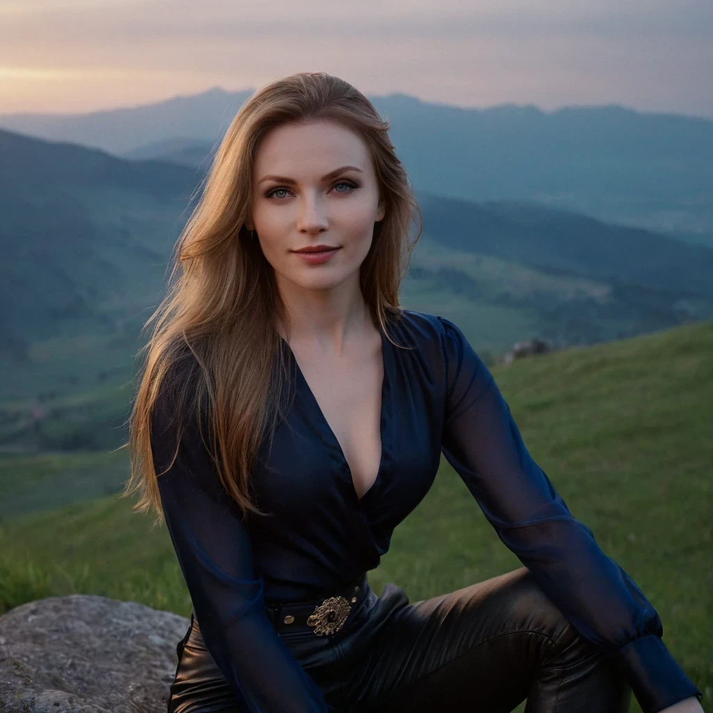 beautiful evil slavic woman, pale skin, Long dark blonde hair, muscle, assis sur une colline, She is wearing a black silk blouse and leather pants, mountains, Le brouillard s'installed,Low clouds lie in the valley, indigo, sun set, photo, ssmile, tout le corps, sharpness, pose sexy dynamique, Helios 44-2, Swirling Bokeh, sharpness, pièces complexes, high detail, acuity, Portrait de personnage, perfect lighting, head of'artwork, Detailed history, Cinematic lighting, 8K
