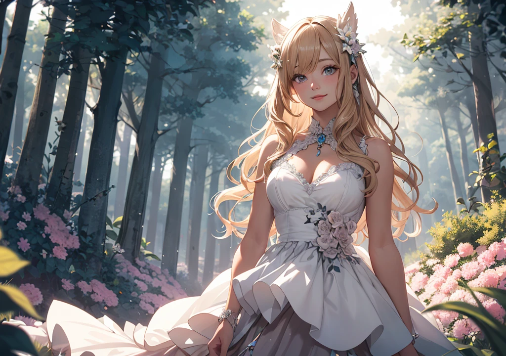 Realistic photos, Focus distance 10mm, Red and white, A big smile, Curly blonde hair, Beautiful girl, Realistic photos, Focus distance 10mmで撮影, masterpiece, 最high quality, high quality, Very detailed CG 8k wallpaper unit, Award-winning photography, Bokeh, Depth of written boundary, High resolution, bloom, chromatic aberration, Realistic, Very detailed, Art Station Trends, CGsociety Trends, Complex, High detail, dramatic, Art on the go, Fantasy Princess: "A stunning young girl in a flowing, sparkling dress, with long, wavy hair, standing in an enchanted forest, surrounded by glowing fairies and flowers."


