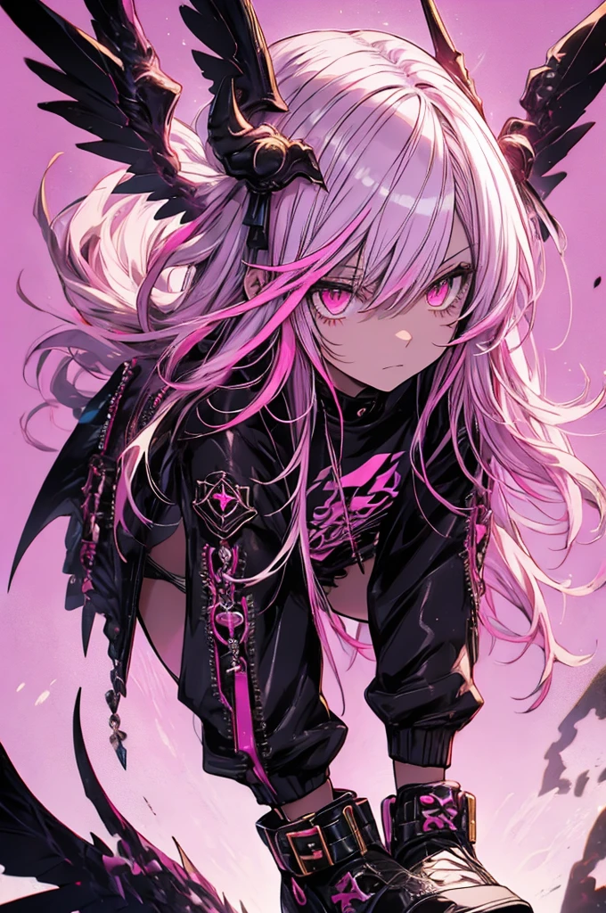 pink background. white, black, and gold streaked hair, hyper cute girl, red eyes. crouching, gothloli t-shirt, gothloli shorts, black boots, demon wings, demon tail, thorn halo, pink background, anime art style, detailed illustration, vibrant colors, soft lighting, focused gaze, edgy look, expressive face, unique style, eye-catching, modern fashion, detailed hair, realistic shading, pink background