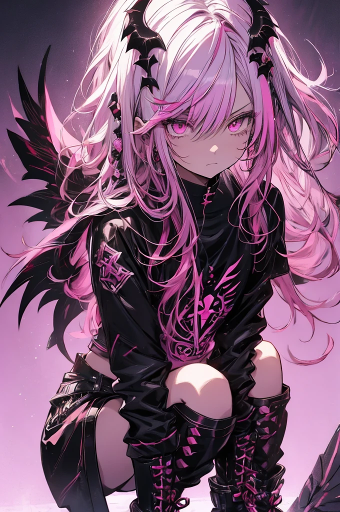 pink background. white, black, and gold streaked hair, hyper cute girl, red eyes. crouching, gothloli t-shirt, gothloli shorts, black boots, demon wings, demon tail, thorn halo, pink background, anime art style, detailed illustration, vibrant colors, soft lighting, focused gaze, edgy look, expressive face, unique style, eye-catching, modern fashion, detailed hair, realistic shading, pink background