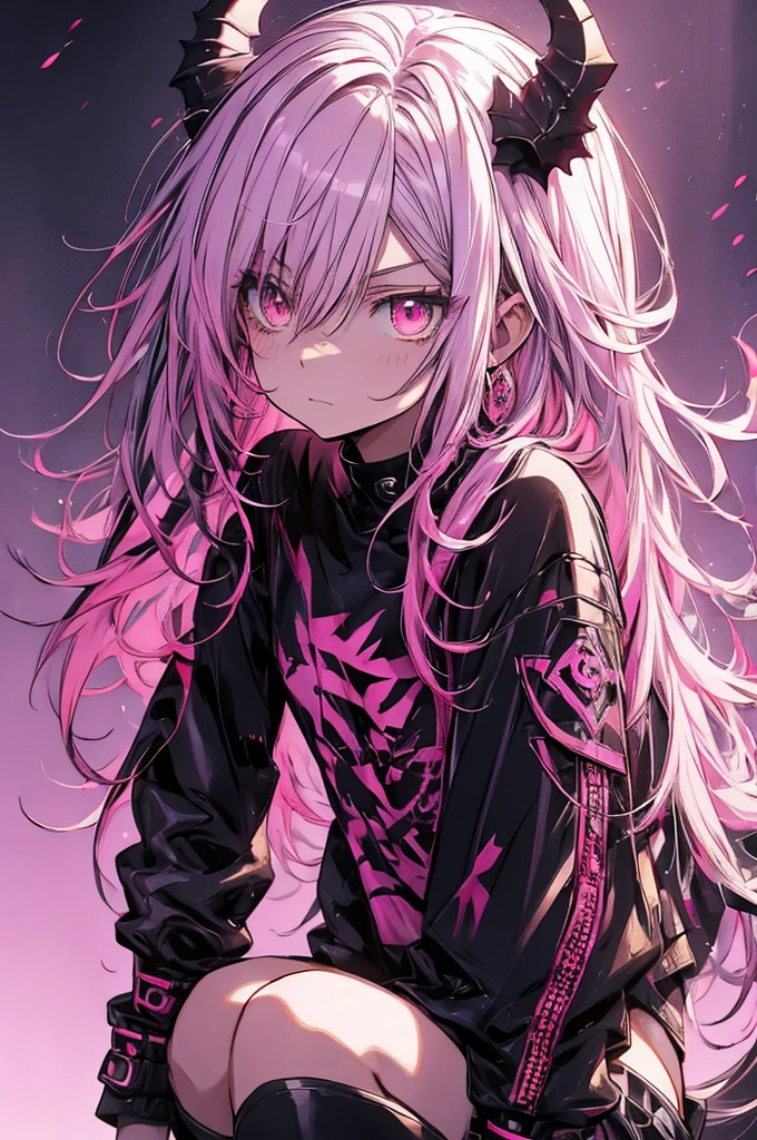pink background. white, black, and gold streaked hair, hyper cute girl, red eyes. crouching, gothloli t-shirt, gothloli shorts, black boots, demon wings, demon tail, thorn halo, pink background, anime art style, detailed illustration, vibrant colors, soft lighting, focused gaze, edgy look, expressive face, unique style, eye-catching, modern fashion, detailed hair, realistic shading, pink background