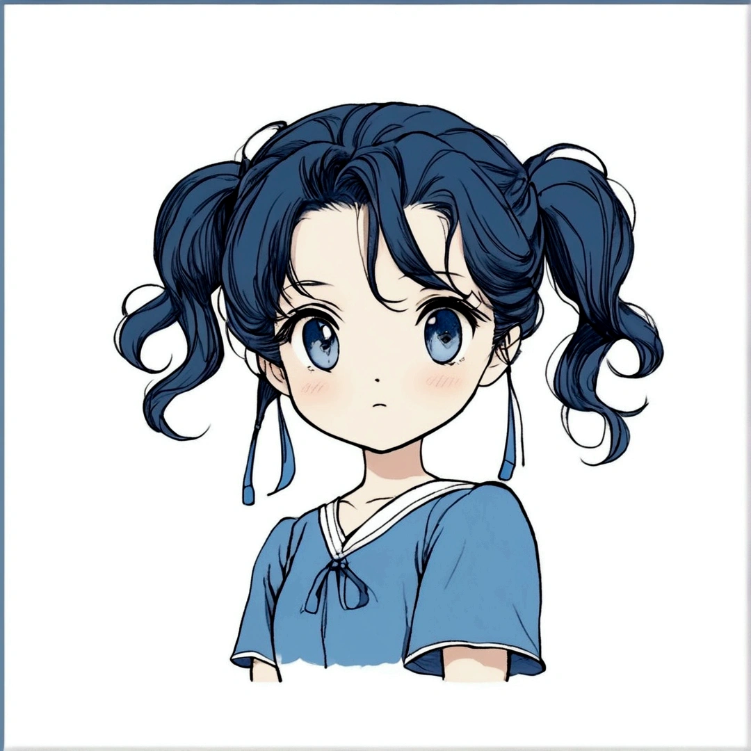 Twin ponytail girl，Cute face，Old manga style，Long curly black hair，Wearing a blue top，Kyoani style