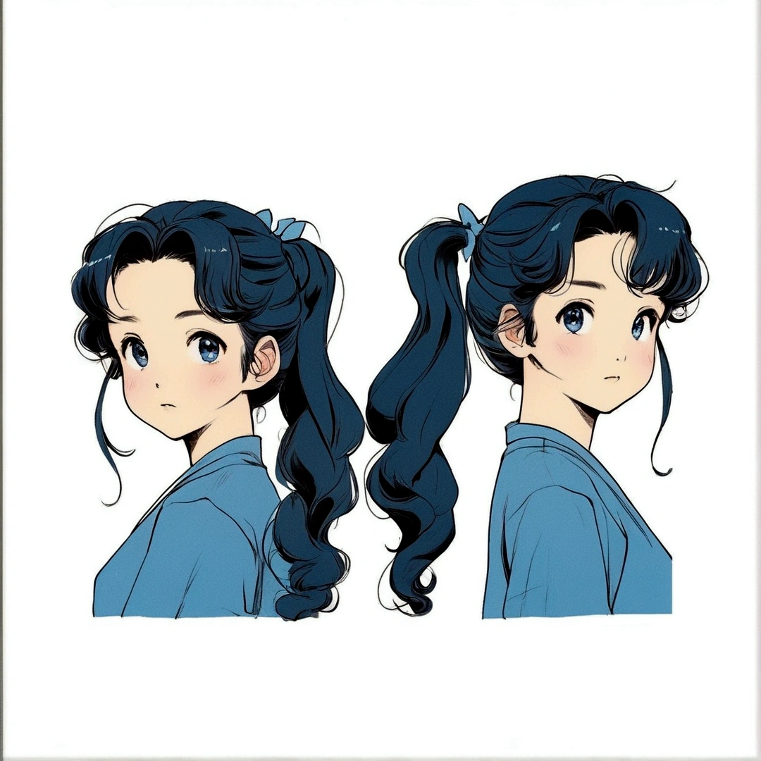 Twin ponytail girl,Cute face,Old manga style,Long curly black hair,Wearing a blue top,Kyoani style