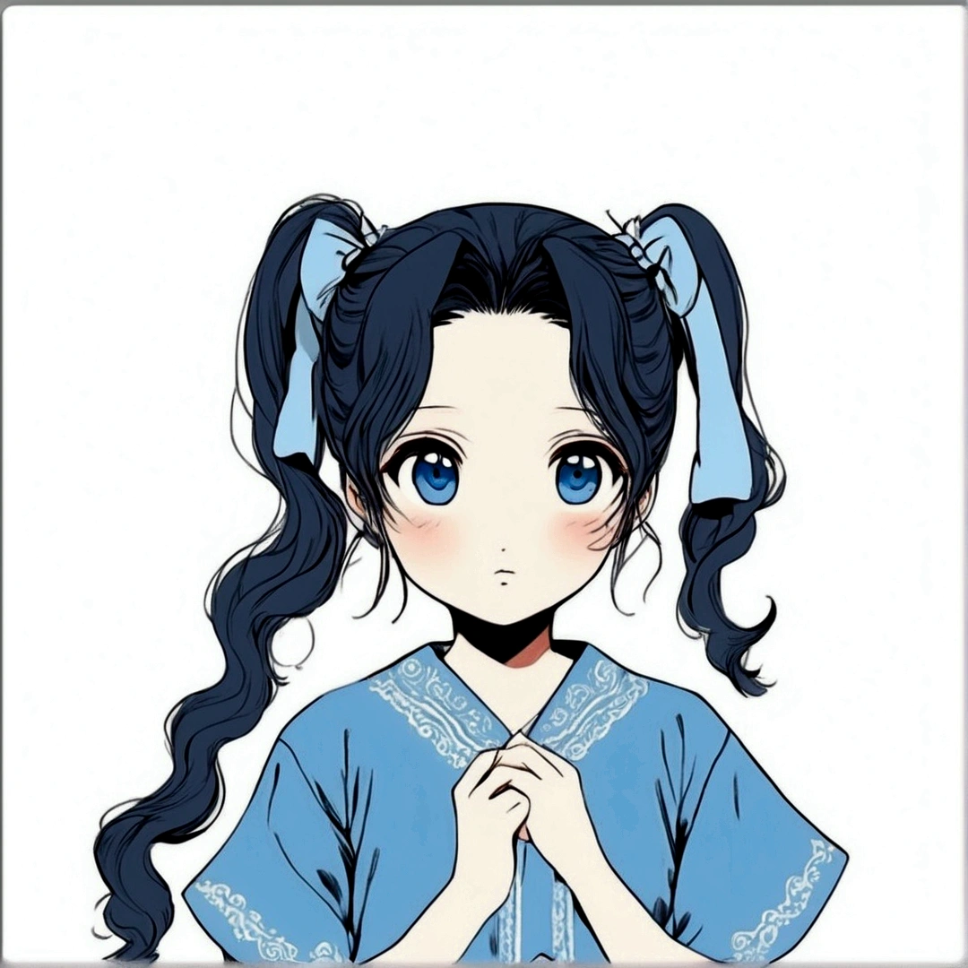 Twin ponytail girl，Cute face，Old manga style，Long curly black hair，Wearing a blue top，Kyoani style