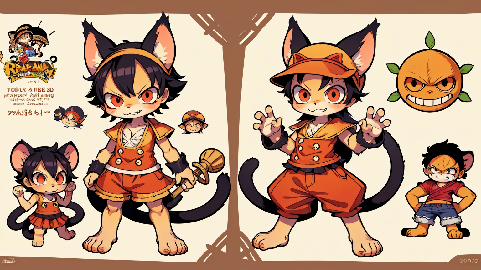one cat warrior character, cat ears, furry, (full body:1.2) , chibi, advanced digital chibi art, g liulian art style, maplestory mouse, bian lian, chibi art, league of legends art style, character art of maple story, ((view at the viewer)), (((luffy costume, one piece monkey d luffy))), poster