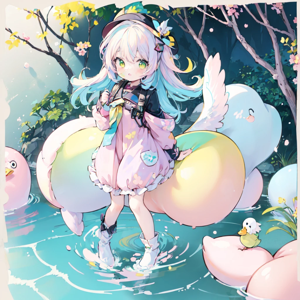 anime girl in a hat and shorts with ducks in the water, multicolor hair, (blue to pink hair:1.5,)an anime drawing by Kamagurka, trending on pixiv, process art, splash art anime , from the azur lane videogame, from girls frontline, cute art style, duckies, yellow. (color palette: yellow, pink, blue, pastel tones:1.5), ❤🔥🍄🌪, , azur lane style, fantasy duck concept portrait,LIME GREEN neon background of a forest 