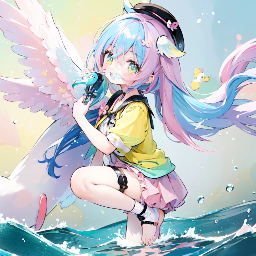 anime girl in a hat and shorts with ducks in the water, multicolor hair, (blue to pink hair:1.5,)an anime drawing by Kamagurka, trending on pixiv, process art, splash art anime , from the azur lane videogame, from girls frontline, cute art style, duckies, yellow. (color palette: yellow, pink, blue, pastel tones:1.5), ❤🔥🍄🌪, , azur lane style, fantasy duck concept portrait,LIME GREEN neon background of a forest